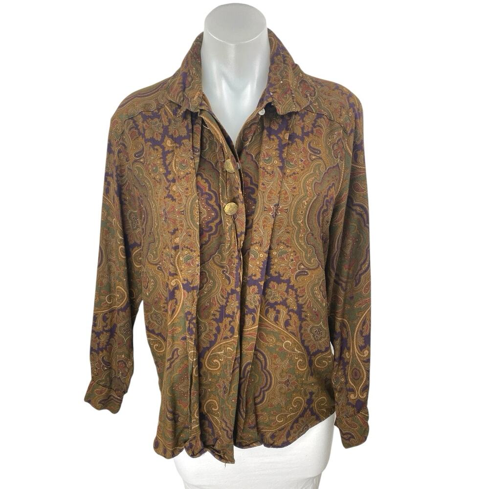 Kenneth Gordon Women's Brown Floral Paisley Long Sleeve Button Up Shirt Top Sz 8